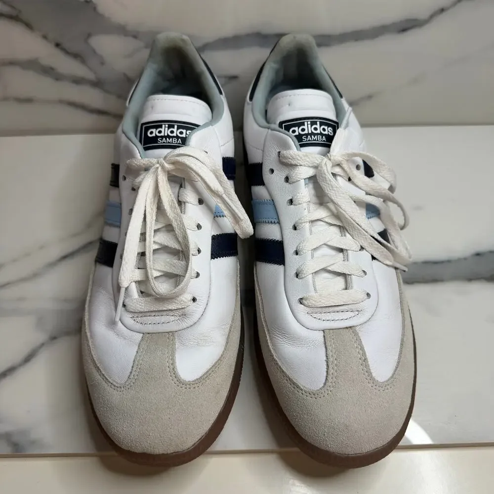 Adidas Men's White Leather Blue Stripe Gum Sole Samba Spikeless Golf Shoes Sz 12